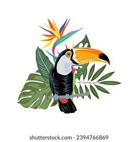 Tropical leaves, flower and toucan vector isolated
