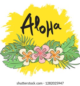 Tropical leaves and flowers with Aloha lettering