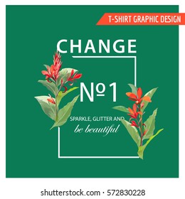 Tropical Leaves and Flowers Background. Graphic T shirt Design in Vector