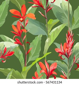 Tropical Leaves and Flowers Background. Seamless Pattern in Vector