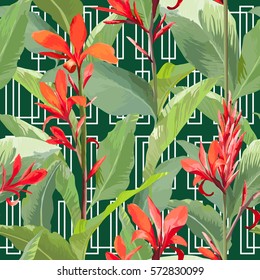 Tropical Leaves and Flowers Background. Seamless Pattern in Vector