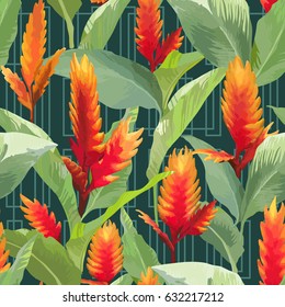 Tropical Leaves and Flowers Background. Seamless Pattern in Vector