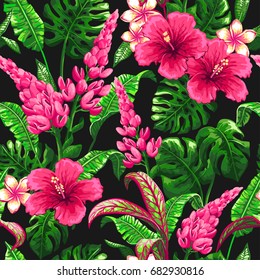 Tropical leaves and flowers background. Seamless vector pattern with jungle leaves and exotic flowers in trendy style.