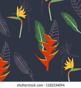 Tropical Leaves and Flowers Background.Tropical pattern