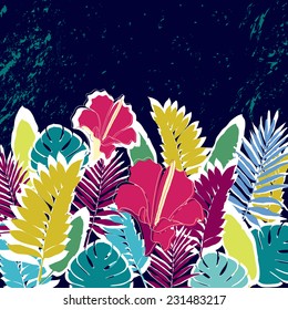 Tropical leaves and flowers border.