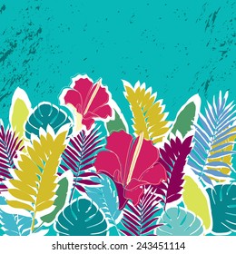 Tropical leaves and flowers border. 