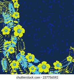 Tropical leaves and flowers border. Brush spots background.