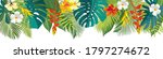 Tropical leaves and flowers border. Summer floral decoration. Horizontal summertime banner. Bright jungle background. Bright colors. Caribean beach party backdrop. Vector eps10 botanical illustration