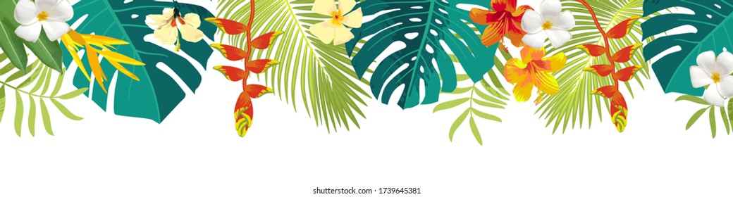 Tropical leaves and flowers border. Summer floral decoration. Horizontal summertime banner. Bright jungle background. Bright colors. Caribbean beach party backdrop. Eps 10 vector