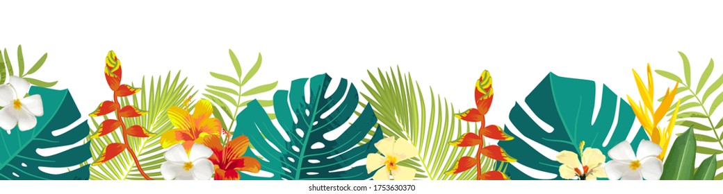 Tropical leaves and flowers border. Summer floral decoration. Horizontal summertime banner. Bright jungle background. Bright colors. Caribbean beach party backdrop. Eps 10 vector