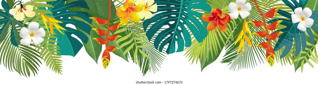 Tropical leaves and flowers border. Summer floral decoration. Horizontal summertime banner. Bright jungle background. Bright colors. Caribean beach party backdrop. Vector eps10 botanical illustration