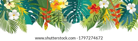 Tropical leaves and flowers border. Summer floral decoration. Horizontal summertime banner. Bright jungle background. Bright colors. Caribean beach party backdrop. Vector eps10 botanical illustration