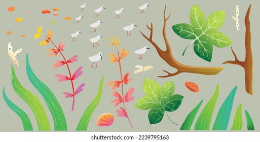 Tropical leaves flowers and branches collection of elements for beach or jungle design. Tree branch and beach elements for summer vacation. Vector artistic hand drawn illustration.