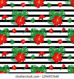 Tropical leaves and flowers with chevrons seamless pattern, vector illustration
