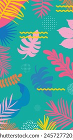 Tropical leaves and flowers, decorative abstract art vector illustration.