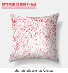 Tropical Leaves & Flowers Decorative Throw Pillow design in Red. Original floral pattern is masked. Interior design element. Creative Sofa Cushion. Vector design template is layered, editable. 