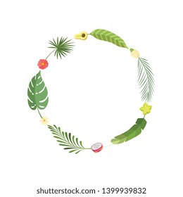Tropical Leaves and Flowers Elegant Frame with Place for Your Text, Banner, Tropic Rainforest Foliage Border, Poster, Wedding Invitation, Summer Greeting Card Design Element Vector Illustration