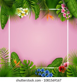 Tropical leaves and flowers with empty frame square on pink background