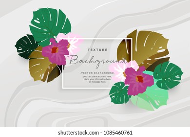 Tropical leaves and flowers with empty frame square on black and white pattern background - Abstract liquid Marbled Effect - Vector illustration