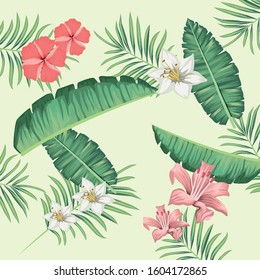 tropical leaves and flowers foliage pattern background vector illustration design