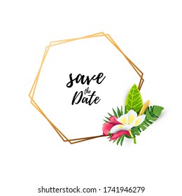 Tropical leaves and flowers frame. Backdrop for summer sale, vacation, poster, SPA flyer, beauty offer, invitation, baby shower, wedding, bridal shower. Place for text. Vector illustration.
