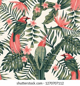 Tropical leaves, flowers frangipani, birds of paradise, parrot abstract colors seamless realistic vector image