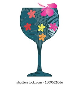 tropical leaves and flowers inside wine glass, vector