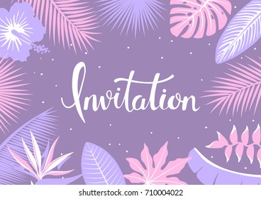 tropical leaves and flowers invitation template in soft colors