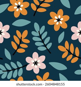 Tropical Leaves and Flowers on Dark Background