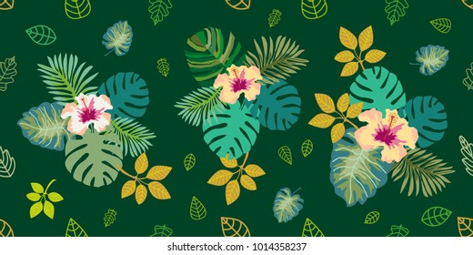 Tropical leaves and flowers on emerald background. Seamless vector pattern with botanical motifs. Design for textile, packaging, cards.