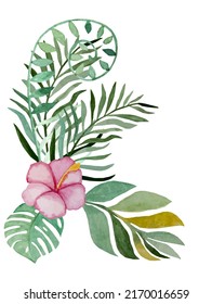 –°omposition of tropical leaves and flowers on a white background. Watercolor illustration.