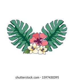 tropical leaves and flowers over white background, vector illustration