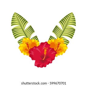 tropical leaves and flowers over white background. colorful design. vector illustration