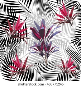 Tropical leaves and flowers of palm tree. Seamless pattern. Vector background.