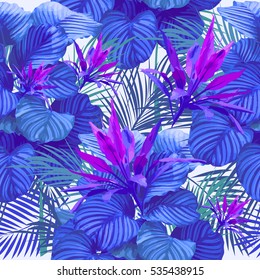Tropical leaves and flowers of palm tree. Seamless pattern. Vector background.
