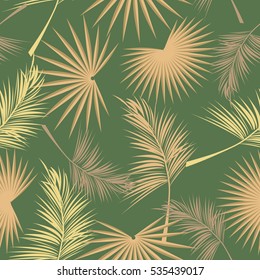 Tropical leaves and flowers of palm tree. Seamless pattern. Vector background.