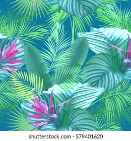 Tropical leaves and flowers of palm tree. Seamless pattern. Vector background.