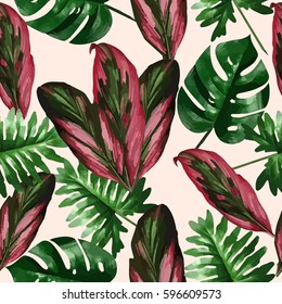 Tropical leaves and flowers of palm tree. Seamless pattern. Vector background.