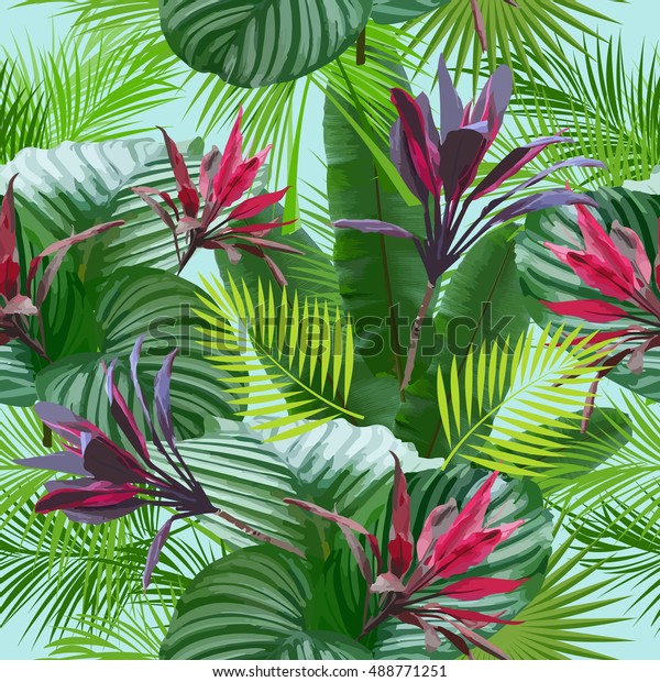 Tropical Leaves Flowers Palm Tree Seamless Stock Vector (Royalty Free ...