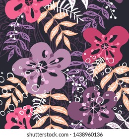 Tropical leaves and flowers pattern. Colorful hand drawn tropical poster design. Exotic leaves art print. Creative botanical background, wallpaper, fabric vector, illustration design
