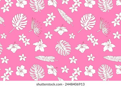 Tropical leaves and flowers pattern on blue background. Exotic plants backdrop. Design for textile, wallpaper, summer fashion. Botanical and jungle concept.