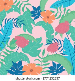 tropical leaves flowers pattern, vivid foliage, with monstera palm leaf pink background vector illustration