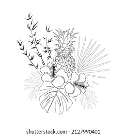 tropical leaves, flowers and pineapple 