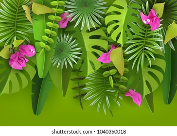 Tropical leaves, flowers and plants. Green abstract background with tropical foliage and flowers bougainvillea. A volumetric image.Cut paper. Vector illustration