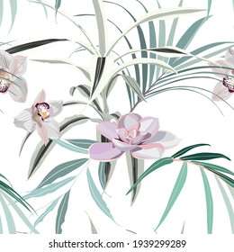 Tropical leaves with flowers. Seamless design with amazing  palant with flowers. Fashion, interior, wrapping, packaging suitable. Realistic branch on white background. Pastel colors.