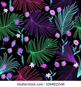 Tropical leaves and flowers seamless pattern in neon colors, bright print for textile, cloth, wallpaper, scrapbooking, wrapping. Vector background.