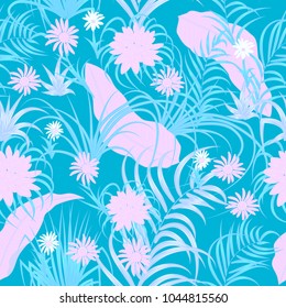 Tropical leaves and flowers seamless pattern, print for textile, cloth, wallpaper, scrapbooking, wrapping. Vector background.