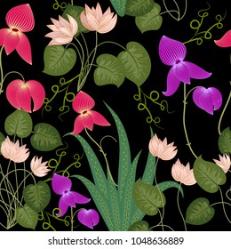 Tropical leaves and flowers seamless pattern, print for textile, cloth, wallpaper, scrapbooking, wrapping. Vector background.