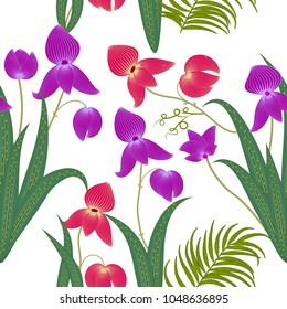 Tropical leaves and flowers seamless pattern, print for textile, cloth, wallpaper, scrapbooking, wrapping. Vector background.