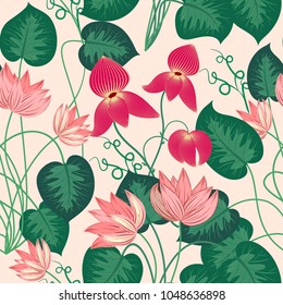 Tropical leaves and flowers seamless pattern, print for textile, cloth, wallpaper, scrapbooking, wrapping. Vector background.